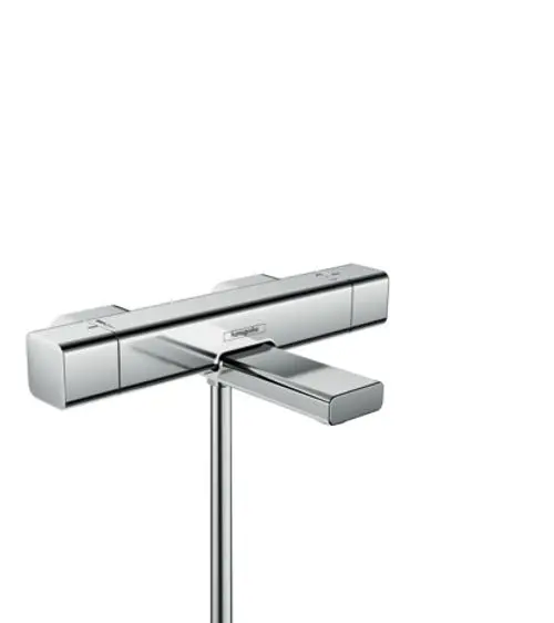 Thermostat von Hansgrohe in Chrom-Optik, mit zwei Griffen zur Temperatur- und Wassermengenregulation, für den Wandanschluss konzipiert.